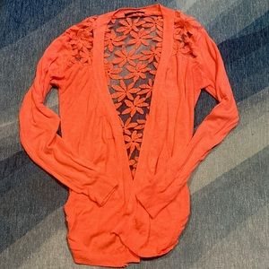 Peach Cardigan with Floral Lace Back (size small)